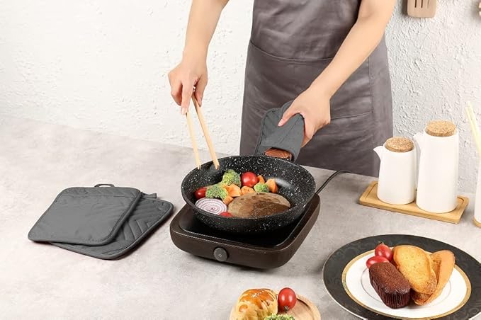 Oven Pot Holder with Pocket Cotton Heat Resistant Coaster Potholder Kitchen Hot Pad Oven Mitts for Cooking Square 7"x9" Set of 3 (Grey)