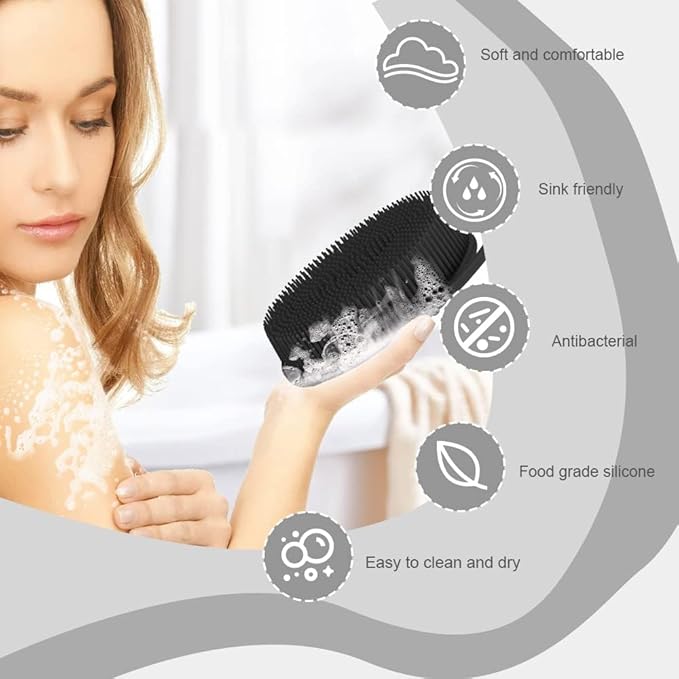 Soft Silicone Body Shower， Exfoliating Silicone Body Scrubber, Silicone Loofah 2 in 1 Bath and Shampoo Brush, Body Scrubber Shower Easy to Clean for Sensitive Skin, Lather Well 2 PCS Black and Purple