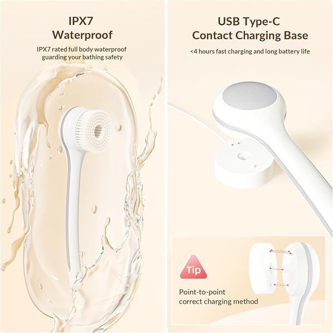 Electric Body Brush Back Scrubber for Shower, Waterproof Long Dual Handle Power Body Scrubber with 3 Heads, Bath Brush & 2 Speeds, for Cleansing, Exfoliating and Massaging Skin, Milk White