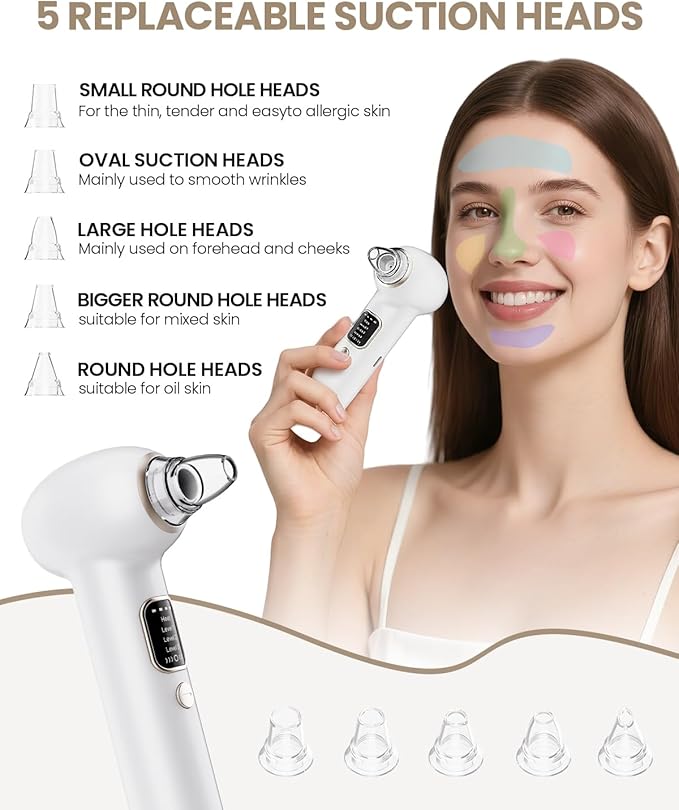Electric Blackhead Remover Vacuum with Heating, 3 Suction Levels 5 Probes Pore Extractor Kit, Rechargeable Deep Pore Cleansing Tool for Women & Men (White)