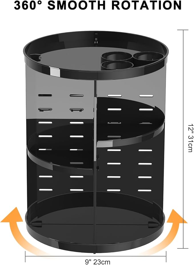 Rotating Makeup Organizer for Vanity, 360 Spinning Skincare Organizers with Adjustable Trays, Make Up Desk Storage Carousel Rack, Cosmetic Display Cases for Dresser Bathroom Countertop Black