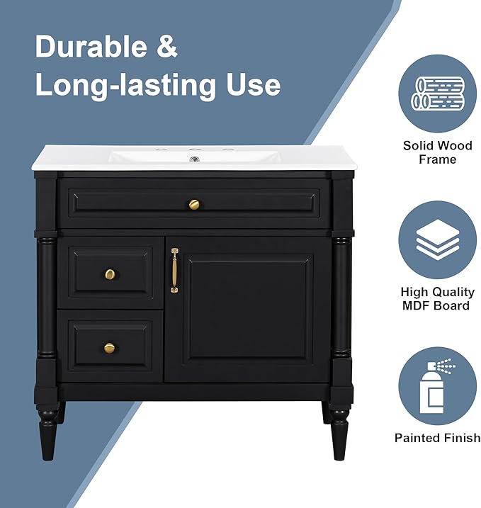 Harper & Bright Designs 36" Bathroom Vanity with Sink, Free Standing Bathroom Vanity Set with Flip Drawer, 2 Drawers, and Adjustable Shelf, Wood Storage Cabinet with Ceramic Basin for Bathroom, Black