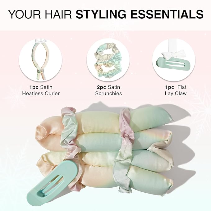 Kitsch Holiday Hair Hero XL Satin Heatless Styling & Flat Lay Claw - Heatless Curls & Waves, Extra Large Curling Rods, Satin Scrunchies & Claw Clip for Hair Protection, Gifts for Women- 4pc set, Aura