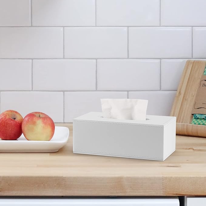 Tissue Box Cover, PU Leather Tissue Box Holder Rectangular Tissue Holders for Home/Office/Car Decoration 9.92"X5.51"X3.62" - White