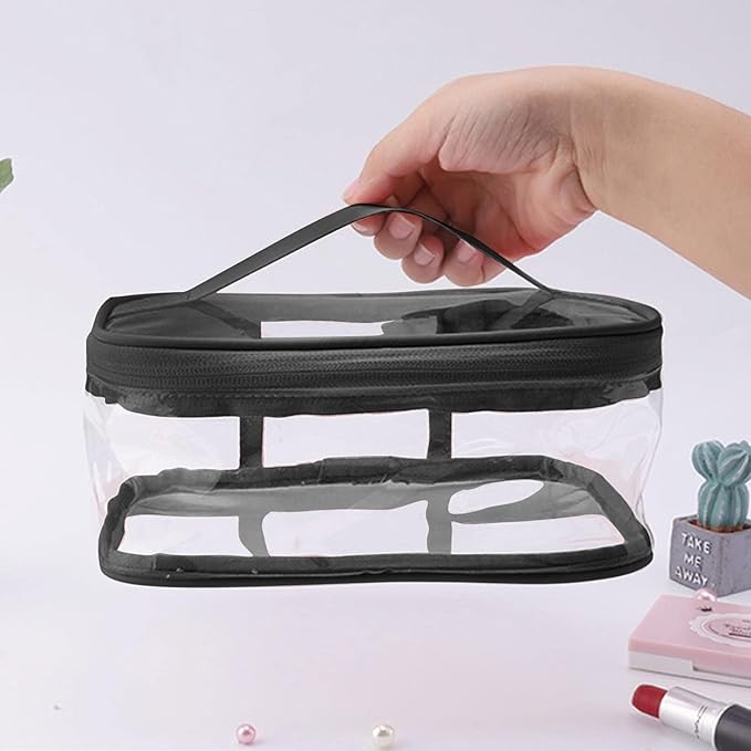 Black Transparent Cosmetic Bag Waterproof Handbag Portable Travel Work Make Up Kit Double Zipper Storage Bag, 2 PCS