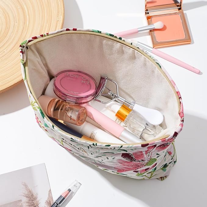 Makeup Bag Small Cute Cosmetic Bags for Women，Floral Travel Toiletry Bag for Purse, Large Canvas Cosmetic Pouch Makeup Organizer Tool Pouch with Zipper（Colorful Plant）