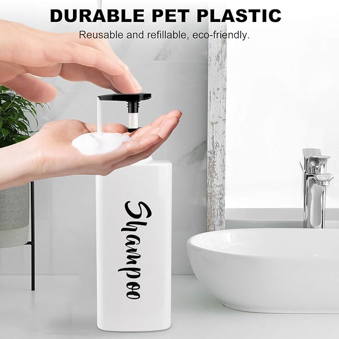 16.9oz Shampoo Conditioner Body Wash Dispenser for Shower, Refillable Printed Soap Bottles with Pump, Empty Plastic Bathroom Dispenser Set for Shampoo, Conditioner & Soap (White, 3 Pack)