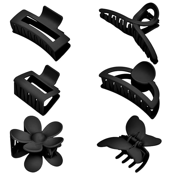 6 Pack Matte Non-Slip Hair Accessories - Claw Clips in Black for Thin and Thick Hair, Ranging from 1.85-4.5 Inches, Featuring Flower, Banana, and Butterfly Designs for Women and Girls