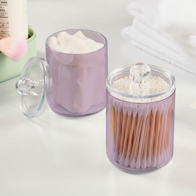Thistle Purple Qtip Holder Organizer Dispenser Cotton Swabs Cans Plastic Jars with Lid Set 4 Pack Bathroom Storage Canister for Cotton Ball Floss Cotton Pads