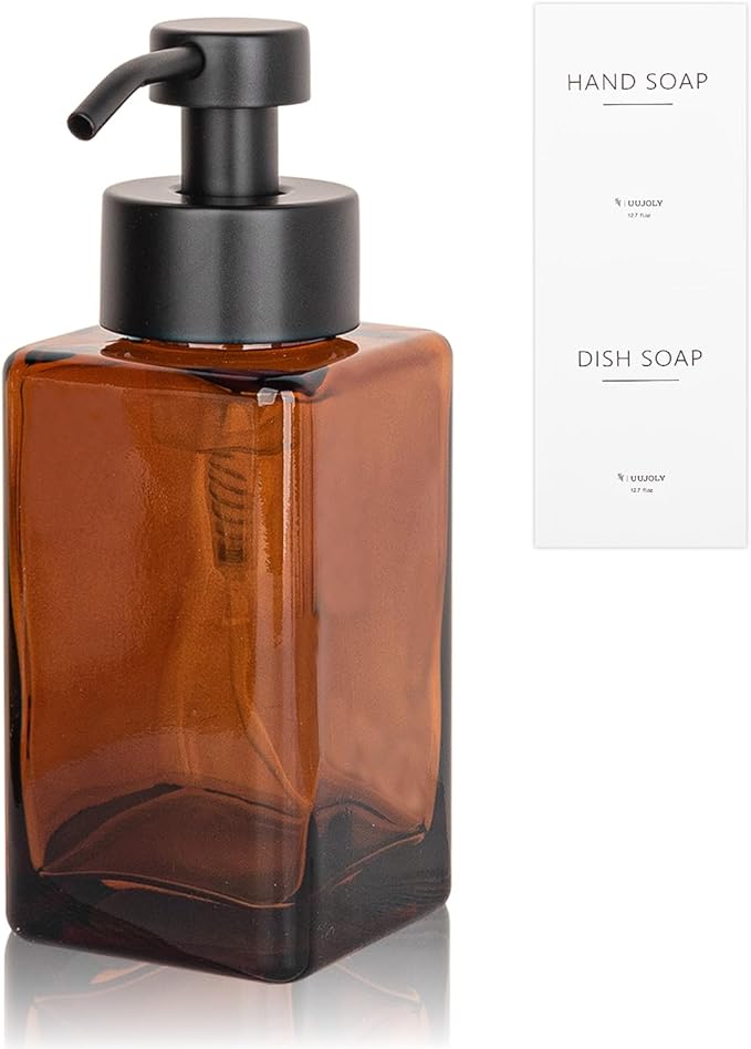 Foaming Soap Dispenser with Stainless Steel Pump, 12oz Refillable Glass Liquid Dish Soap Bottles for Bathroom, Kitchen Sink, Home Decor