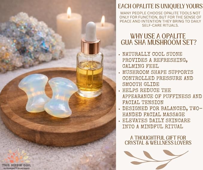 This Hippie Girl Gua Sha Mushroom Set, Jaw Sculpting Tools, Opalite Stone Facial Toning and Yoga Sculpt Massage Tool, 2 Gua Sha Mushrooms for Skin and Facial Treatment, Opal Facecare Tools