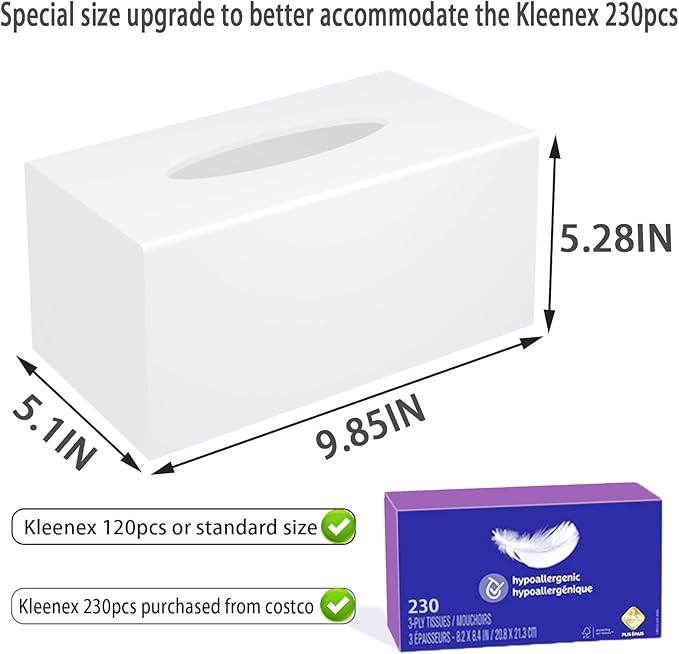Tissue Box Cover, PITBVO Acrylic Tissue Box Holder Rectangle Upgrade Size Facial Tissue Holder Handmade Napkin Dispenser for Bathroom Kitchen Bedroom Home Office (Glossy White, 9.85"L x 5.1"W x 5.3"H)