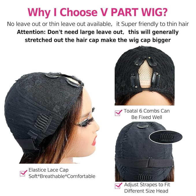 Highlight Ombre V Part Wigs Human Hair Straight Balayage Blonde 180% Density Glueless Full Head Clip In Half Wigs 30inch