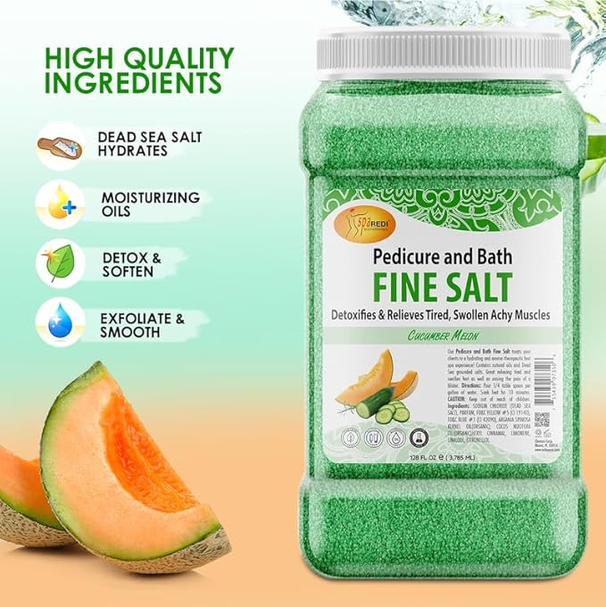 SPA REDI - Detox Foot Soak Pedicure and Bath Fine Salt, Cucumber and Melon, 128 Oz - Made with Dead Sea Salts, Argan Oil, Coconut Oil, and Essential Oil - Hydrates, Softens and Moisturizes