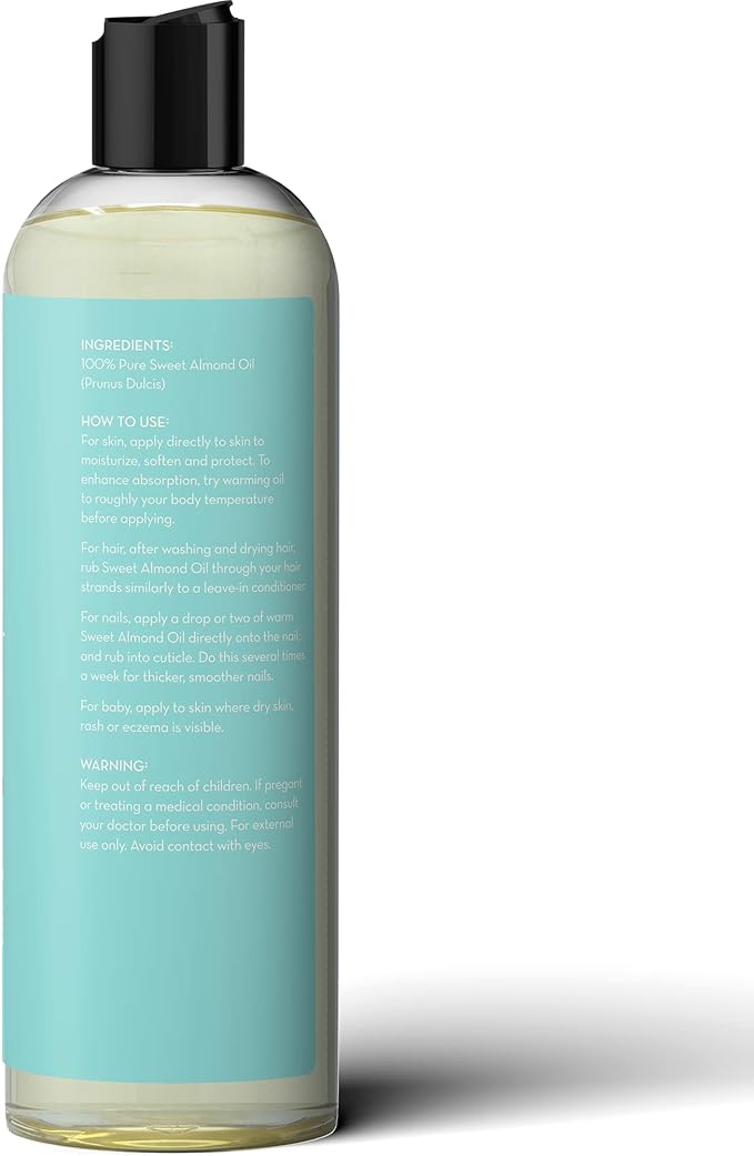 Pure Body Naturals Sweet Almond Oil for Hair and Skin, 100% Pure and Cold Pressed, Hexane Free, Skin Moisturizer, Nails, Therapeutic Massage, Carrier Oil 16 Fl. Ounce (Label Varies)