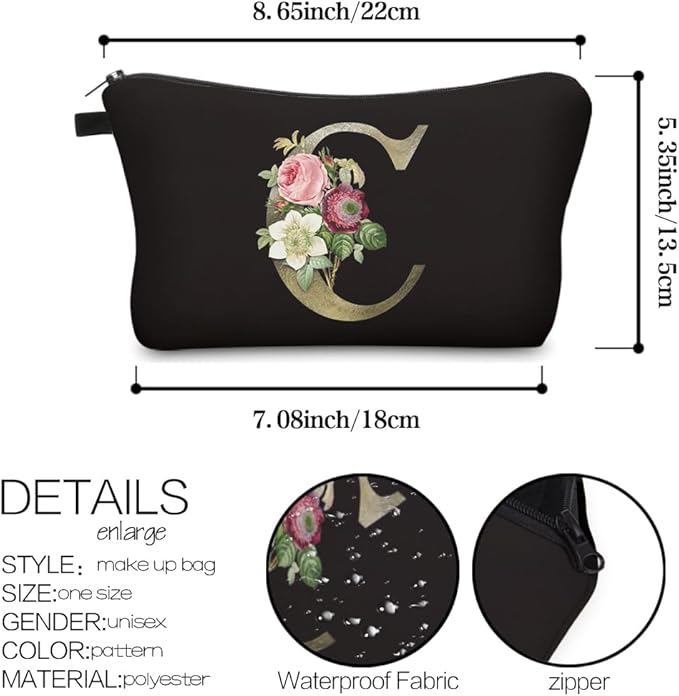 Deanfun Makeup Bag, Bride Bridesmaid A-Z Make Up Bag, Small Personalized Initial Letter 3D Printings Waterproof Cosmetic Bags for Women (C)