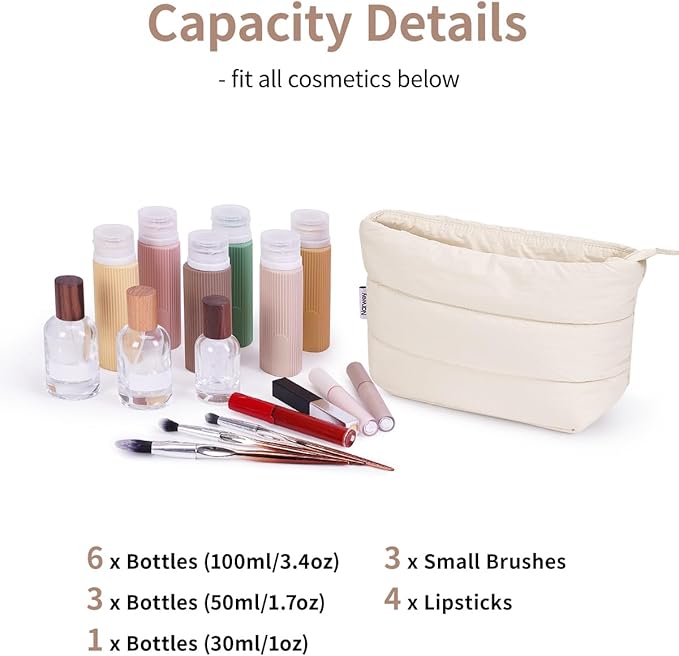 Narwey Small Travel Makeup Bag for Women Girl, Puffer Cute Make Up Organizer Bags, Puffy Cosmetic Bag Travel Toiletry Bag for Toiletries (Beige)
