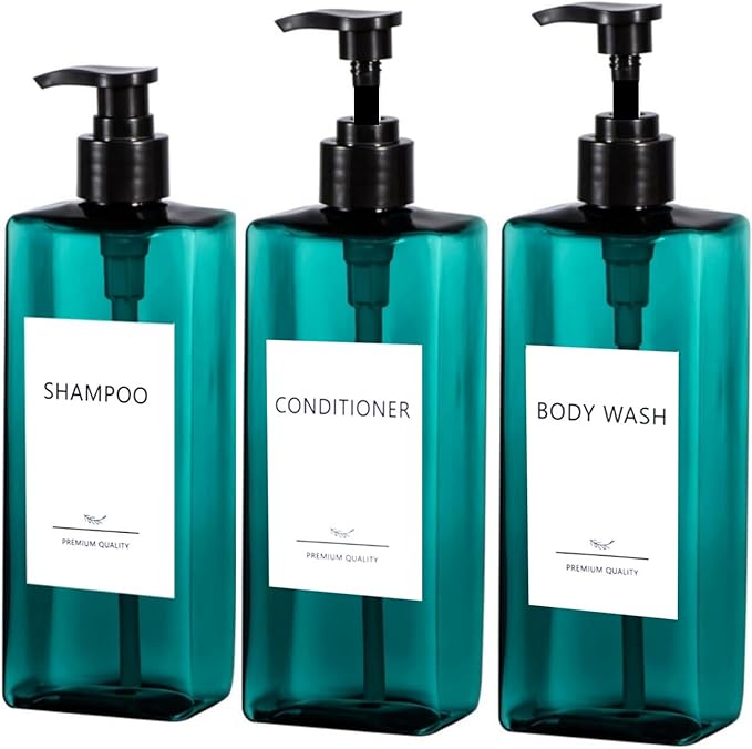 Shampoo and Conditioner Dispenser Set, 3Pack Refillable Shampoo and Conditioner Bottles with Labels, 500ml Soap Dispenser 16.9oz Shower Dispenser Square Pump Bottle for Bathroom and Kitchen - Sea Blue