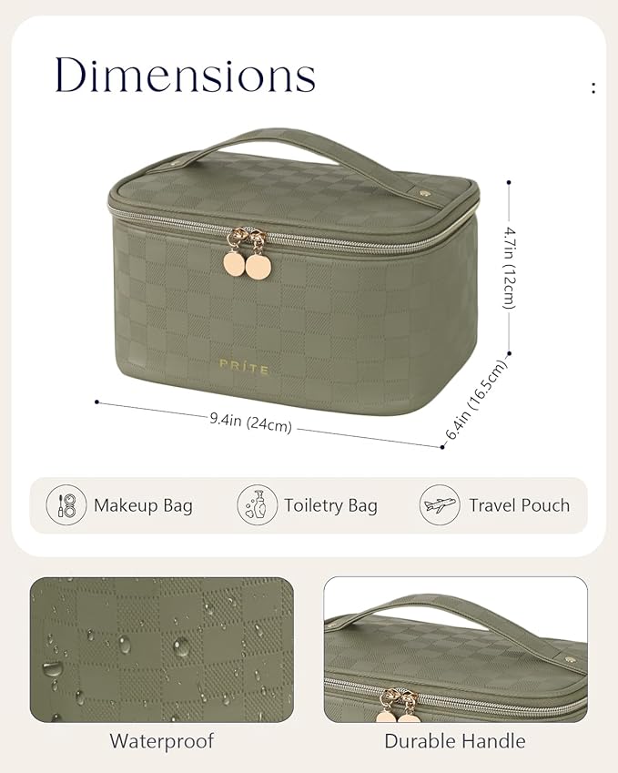Prite Makeup Bag, Large Capacity Portable Travel Cosmetic Bag, Waterproof Makeup Organizer for Women with Handle and Divider (001 Checkered Green)
