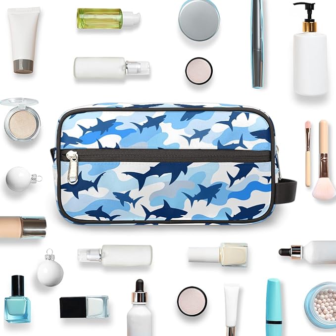 Shark Blue Camo Kids Toiletry Bag for Boys Girls, Cosmetic Makeup Bag with Handle, Travel Shaving Kit Organizer, Waterproof Portable Wash Bag for Gym Vacation Camping Sports