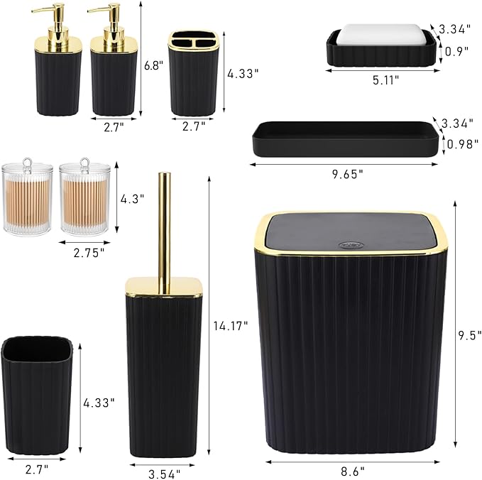 Bathroom Accessories Set - Gorgeous Black Bathroom Set, 10PC Bathroom Accessory Set, Toilet Brush, Trash Can, Qtip Holder & Soap Dispenser
