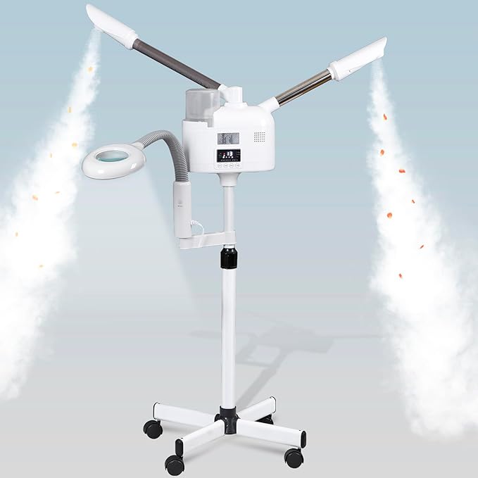 Professional 3 in 1 Facial Steamer, Stand on Wheels with 5X LED Magnifying Lamp, Use at Home or Salon SPA Esthetician with hot and Cold Nozzle for Skin Deep Clean