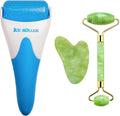 AECW 3-in-1 Natural Stone Jade Roller and Gua Sha Set for Face and Eye Ice Roller Facial Cooling Massage Roller