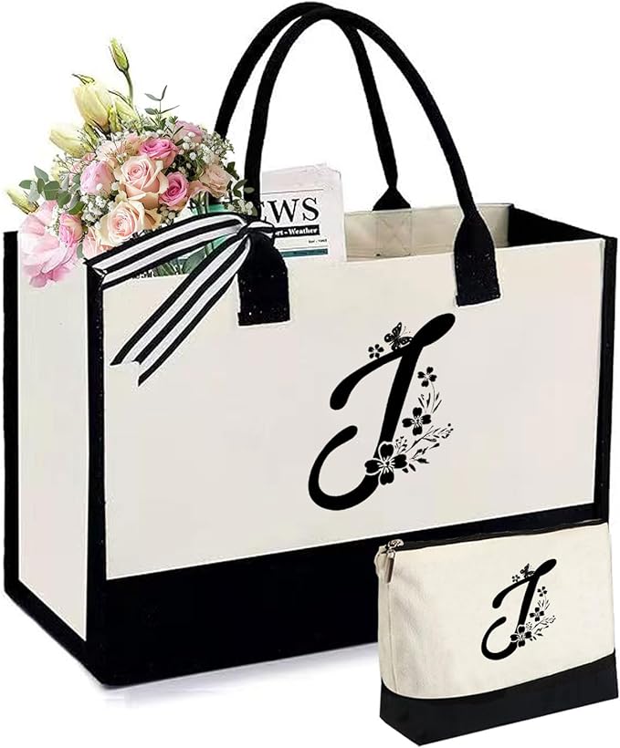 Personalized Gifts for Women - Initial Canvas Tote Beach Bag & Makeup Bag, Unique bags for Christmas, Birthday, Holiday, Wedding, Monogram Birthday Gifts for Women, Wife, Friends, sisters, Mom (J)