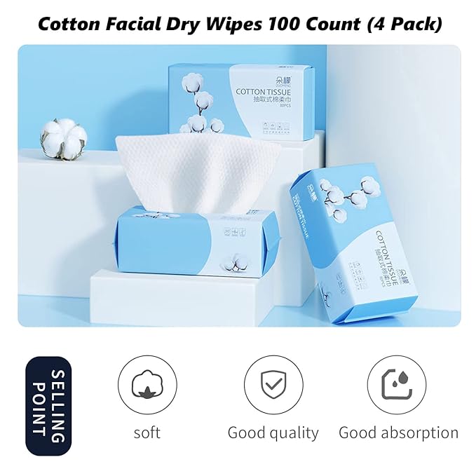 Cotton Facial Dry Wipes 100 Count, Deeply Cleansing Disposable Face Towel Wash Cloth, Multi-Purpose for Skin Care, Make-up Wipes and Facial Cleansing (4 Pack)