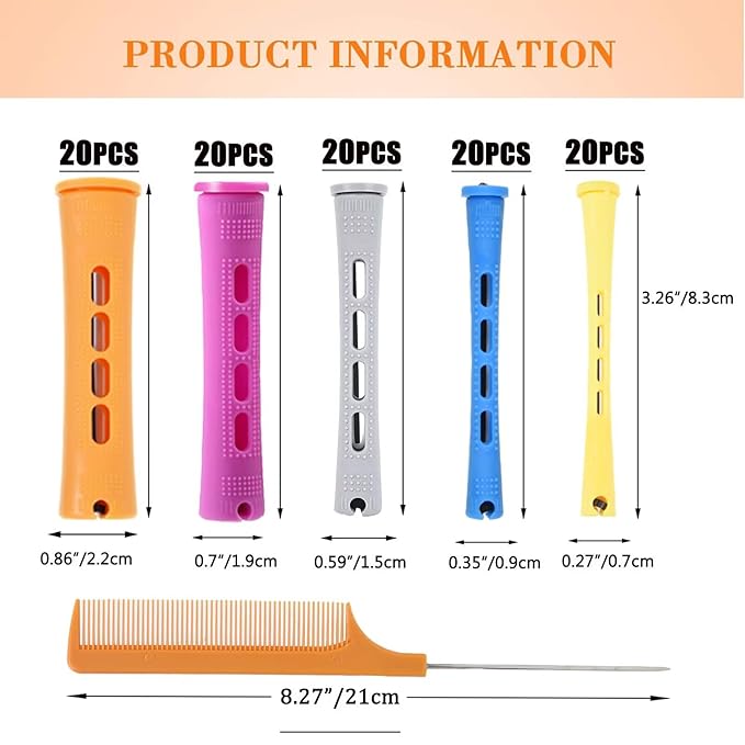 100pcs Perm Rods Set for Natural Hair Plastic Cold Wave Rods Hair Rollers Curling Rod for Women DIY Hairdressing Tools（Orange+Purple+Gray+Blue+Yellow）