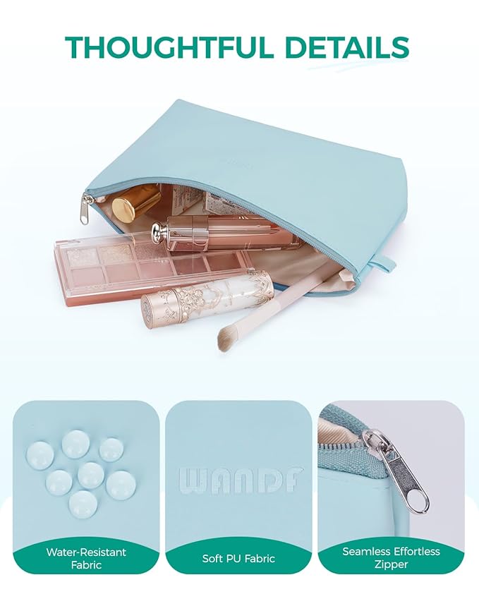 WANDF Cosmetic Bag for Women Makeup bag Organizer Mini Makeup Pouch for Purse Water Resistant Girls Gift(Light Blue)