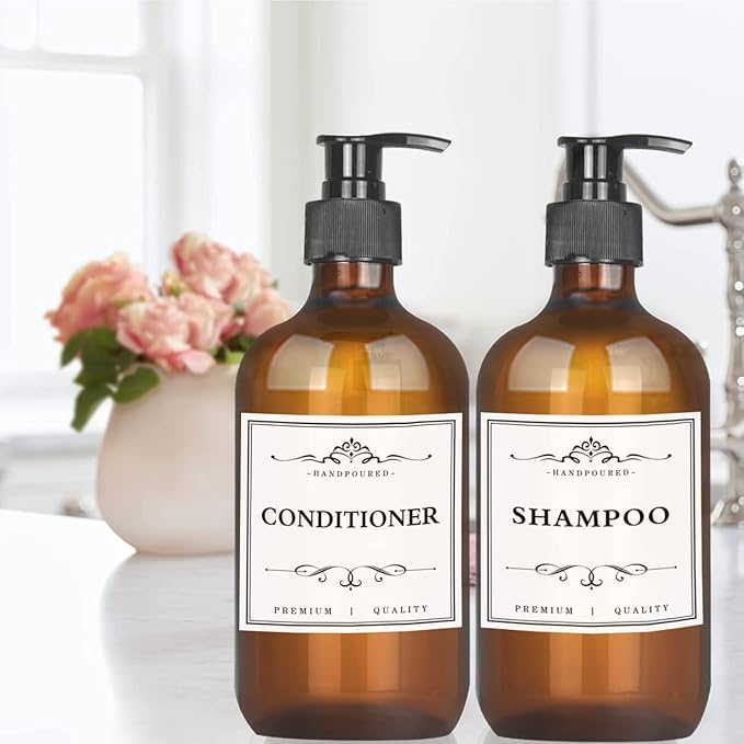 4 Pack 16.9 Oz Shampoo and Conditioner Hand Soap Dispenser Refillable Pump Bottles with Waterproof Labels (Amber)