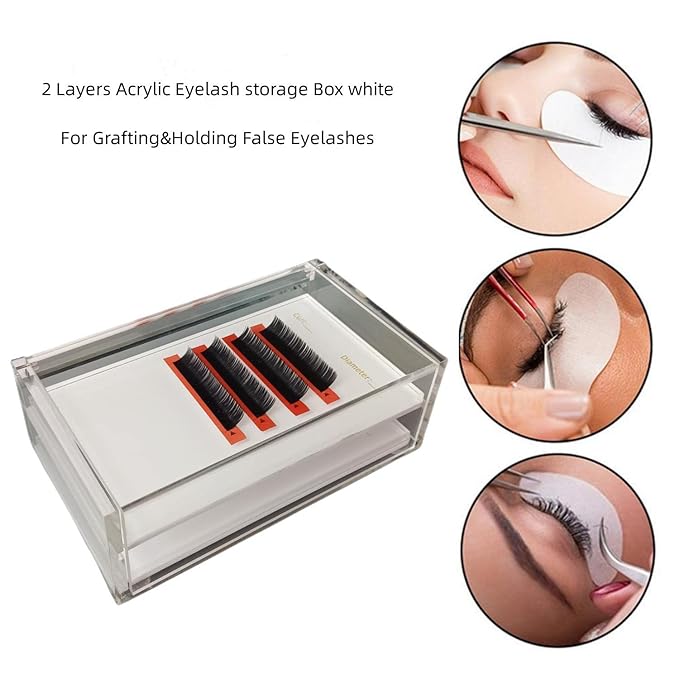 Two Layers Eyelash Grafting Pallet with Cover, Dust-proof Acrylic Lash Tile holder, Eyelash Extensions Storage Gasket Pads 2 Tiers for Beginners Beauty Artist Salon (White)