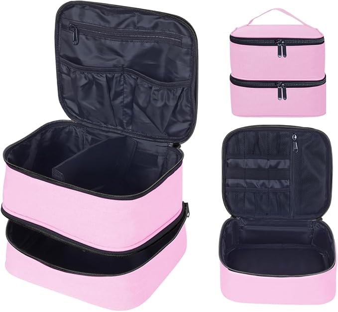 Double Layer Makeup Bag Portable Large Cosmetic Case Organizer with Adjustable Dividers Storage Travel Bag for Accessories Brushes Conditioner and Skin Care Products (Pink)