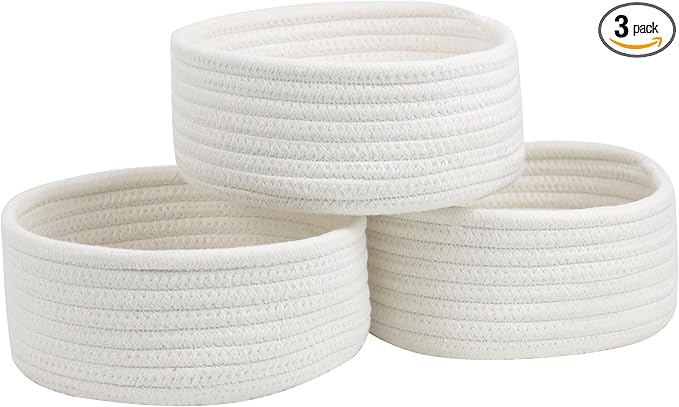 Small Basket, Set of 3 Small Woven Baskets, Cotton Rope Baskets for Organizing, Cute Mini Tiny Baskets for Nursery, Decorative Boho Round Storage Basket Bathroom Organization Bin