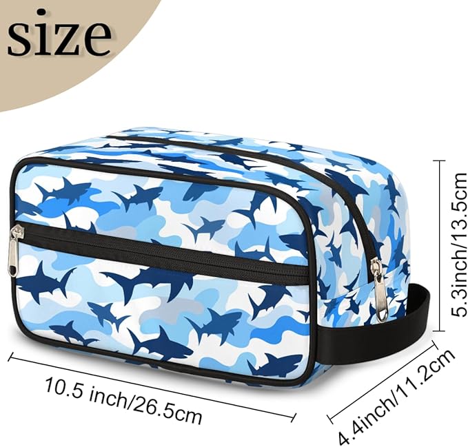 Shark Blue Camo Kids Toiletry Bag for Boys Girls, Cosmetic Makeup Bag with Handle, Travel Shaving Kit Organizer, Waterproof Portable Wash Bag for Gym Vacation Camping Sports