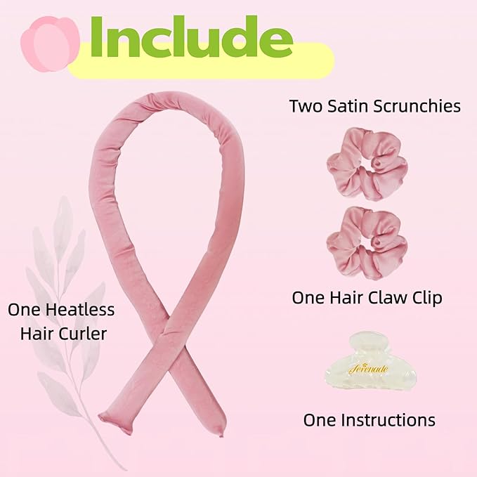 Serenade Satin Heatless Curls Overnight for Long Hair, Heatless Hair curler Set for Women and Girls, No Heat Curling Rods with Satin Scrunchies and Clip, Pink