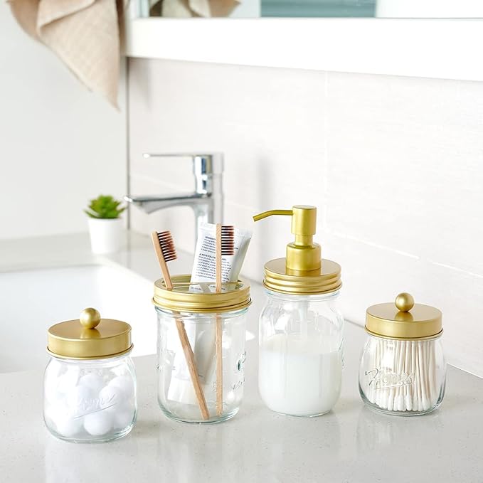 Amolliar Mason Jar Bathroom Accessories Set(4 Pcs) -Lotion Soap Dispenser & 2 Cotton Swab Holder & Toothbrush Holder-Rustic Farmhouse Decor, Countertop Vanity Organize, Bathroom Home Decor (Gold)