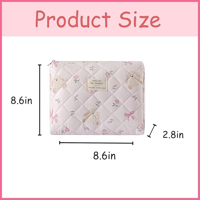 uekeboag Quilted Cotton Makeup Bag,Coquette Quilted Toiletry Bag for Women and Girls,Floral Coquette Pouch,Cute Kawaii Travel Cosmetic Bags(Rabbit and Bow)