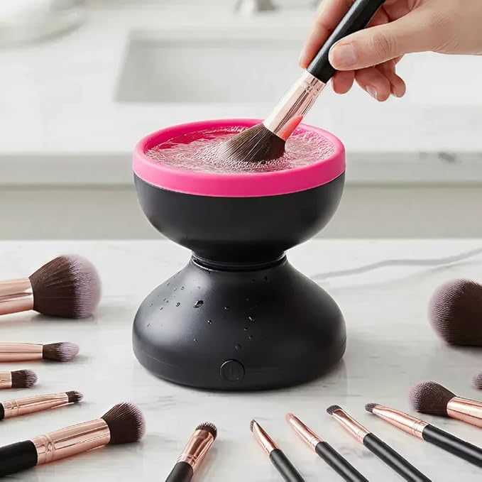 ÉCLAT Electric Makeup Brush Cleaner Machine, Remove Residue on Brush, Sponge, Powder Puffs, Cosmetic Tool Cleaner, No Batteries Needed, Portable Spinning Washer Saves Cleanser Solution (Black/Pink)