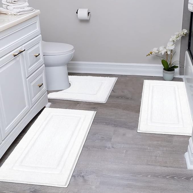 SHACOS White Bathroom Rugs Sets 3 Piece, 16"x24" + 20"x32" Non Slip Bath Mat and 20"x24" Toilet Rugs U Shaped Washable, Soft Fluffy Water Absorbent Bath Rugs for Bathroom
