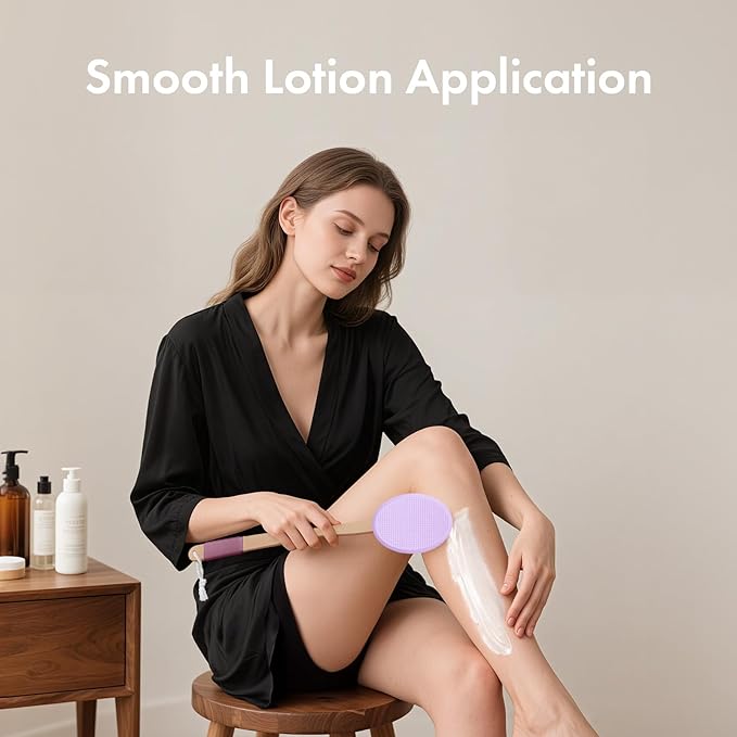 AmazerBath Lotion Applicator for Back, Feet, 4 Replaceable Pads with Long Handle, Back Sunscreen Applicator for Elderly, Women, Apply Cream Medicine Skin Cream Moisturizer Sunscreen Tanner, Purple