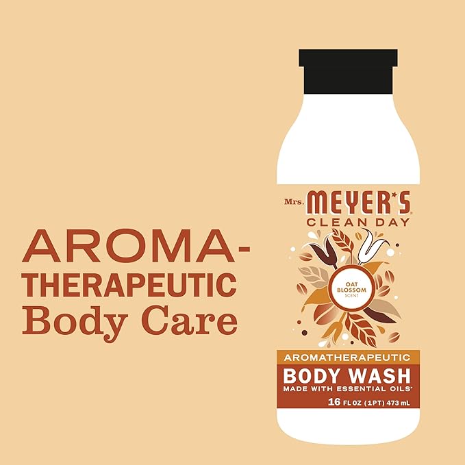 MRS. MEYER'S CLEAN DAY Moisturizing Body Wash for Women and Men, Shower Gel Formula Made with Essential Oils, Oat Blossom, 16 oz Bottle, Pack of 3