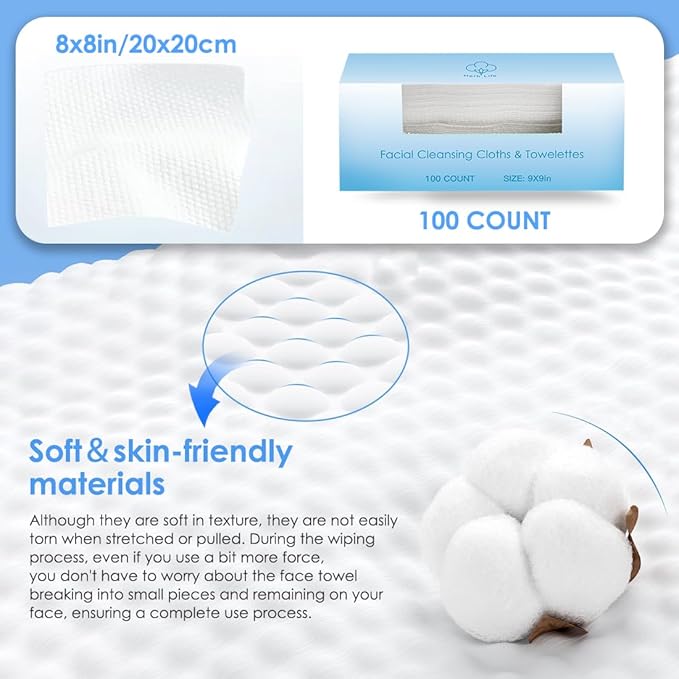 100 Pcs-Disposable Face Towels, Disposable wipe，Facial Cleansing Cloths & Towelettes，Disposable Cleansing Towels，Remover Dry Wipes, Ultra Soft，Soft & Skin Friendly Face Towelettes Disposable