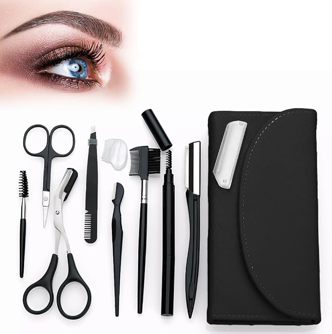 8-in-1 Eyebrow Grooming Kit – Professional Eyebrow Trimmer, Scissors, Tweezers, Brush & Dermaplaning Tool – Precision Brow Shaping Kit for Men & Women – Includes Leather Travel Case