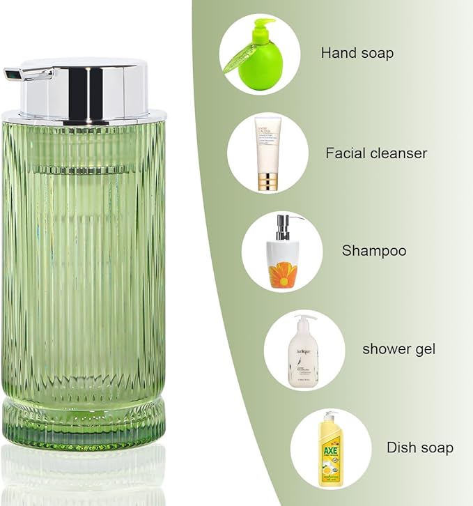 14 Oz Foaming Soap Dispenser, Green Glass Soap Dispenser, Refillable Foam Pump Bottle Lotion Container with Silver Pump, Decorative Slim Ribbed Bottle for Bathroom and Kitchen Decor