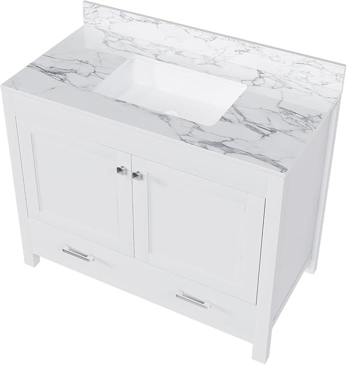 Montary 42" Bathroom Vanity with 43" Sintered Stone Carrara White Top, Modern Stylish MDF Bathroom Storage Cabinet, Vanity Set with 2 Doors and One Large Divided Drawer, White (Three Holes)