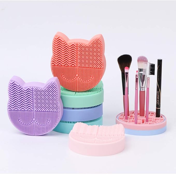 Silicon Makeup Brush Cleaner Mat with Brush Drying Holder Brush Portable Cat Shaped Cosmetic Brush Cleaner Pad cleaning mat manual make up brush cleaner cleanser machine(New Lavender)