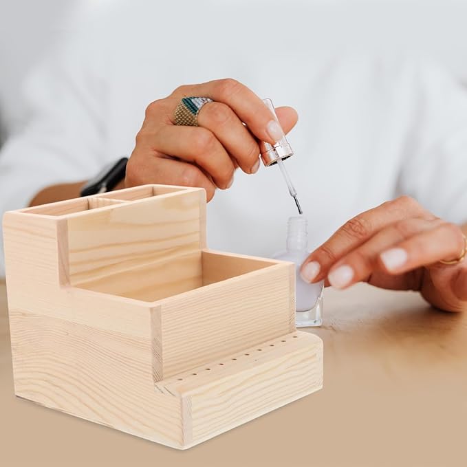 Nail Polish Storage Organizer Box - Large Wooden Beauty Tool Storage Box with Compartments for Manicure Drill Bits and Accessories - Compact 4.53X4.72X3.94 Inch Case for Home and Salon