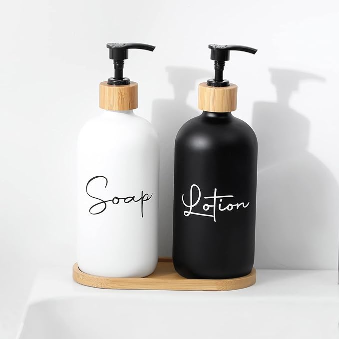 17 oz Hand Soap Dispenser Empty Glass Lotion Pump Bottles, Refillable Liquid Dish Soap Bottles for Bathroom Decor, Kitchen Sink, Matte Design and Wood Tray, Pack of 2, Black + White